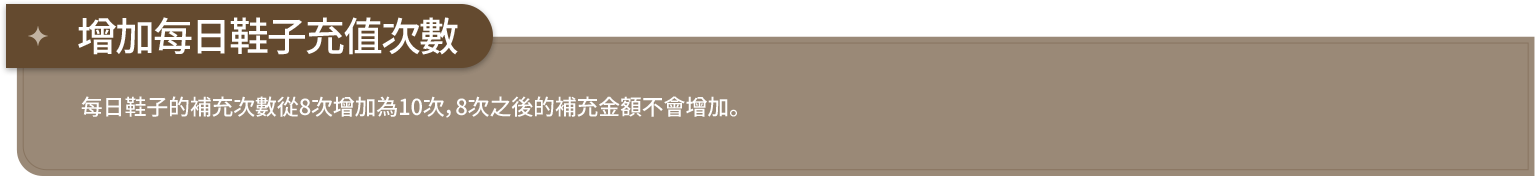 增加每日鞋子充值次數 - 每日鞋子的補充次數從8次增加為10次，8次之後的補充金額不會增加。